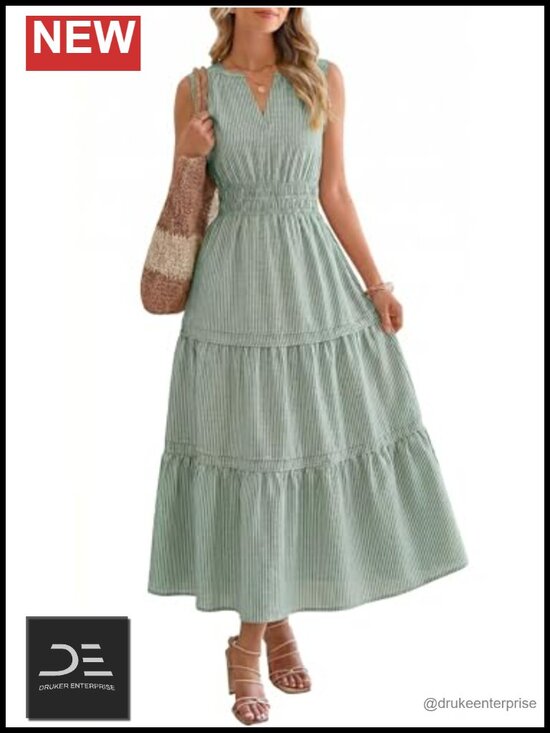 Dresses & Skirts - Striped Maxi Dress Sleeveless Empire Waist with Pockets Cotton Blend